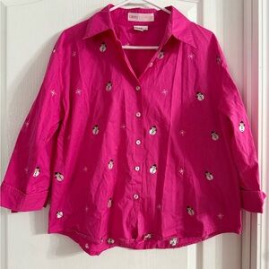 Casey Coleman Pink Embroidered Snowman Button Up Sz L. MH-18